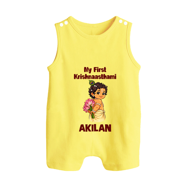 My First Krishna Janmashtami Cute Bal Krishna Print Button Romper - PASTEL YELLOW - New Born (Chest 18")