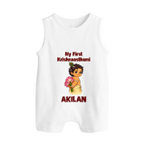 My First Krishna Janmashtami Cute Bal Krishna Print Button Romper - WHITE - New Born (Chest 18")