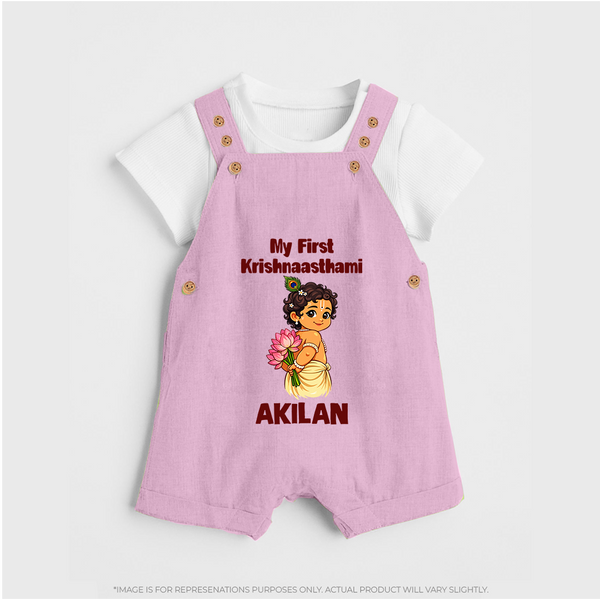 My First Krishna Janmashtami Cute Bal Krishna Print Dungaree - BABY PINK - 0 - 5 Months Old (Chest 18")
