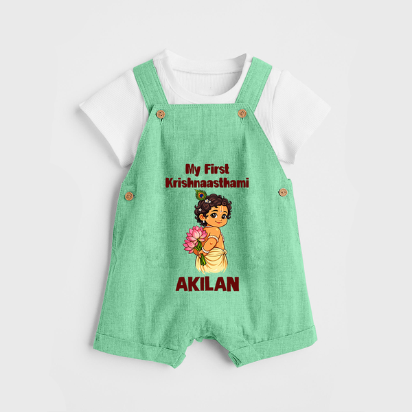 My First Krishna Janmashtami Cute Bal Krishna Print Dungaree - GREEN - 0 - 5 Months Old (Chest 18")