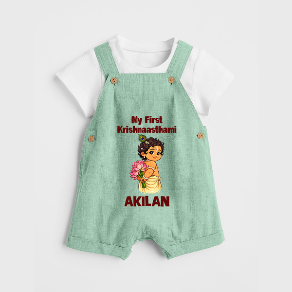 My First Krishna Janmashtami Cute Bal Krishna Print Dungaree - MINT GREEN - 0 - 5 Months Old (Chest 18")