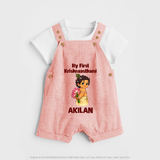 My First Krishna Janmashtami Cute Bal Krishna Print Dungaree - PEACH - 0 - 5 Months Old (Chest 18")