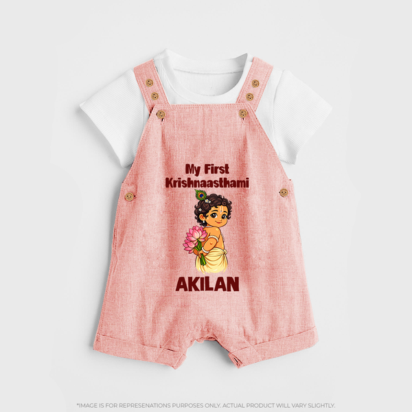 My First Krishna Janmashtami Cute Bal Krishna Print Dungaree - PEACH - 0 - 5 Months Old (Chest 18")