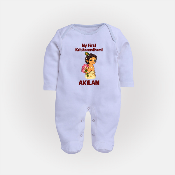 My First Krishna Janmashtami Cute Bal Krishna Print Fullbody suit - BABY BLUE - New Born (Chest 7.5")