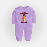 My First Krishna Janmashtami Cute Bal Krishna Print Fullbody suit - LILAC - New Born (Chest 7.5")