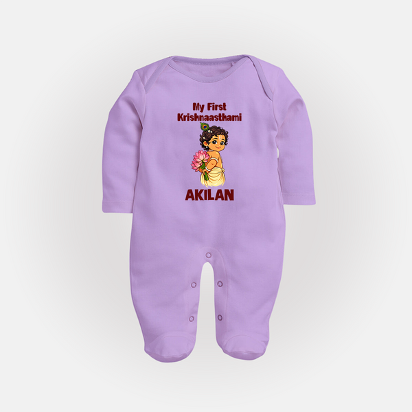 My First Krishna Janmashtami Cute Bal Krishna Print Fullbody suit - LILAC - New Born (Chest 7.5")