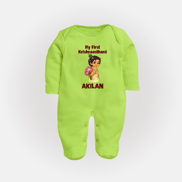 My First Krishna Janmashtami Cute Bal Krishna Print Fullbody suit - LIME GREEN - New Born (Chest 7.5")