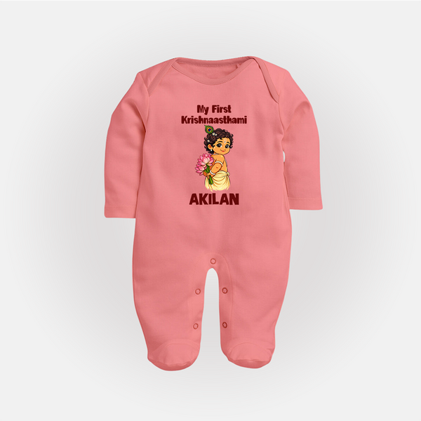 My First Krishna Janmashtami Cute Bal Krishna Print Fullbody suit - PEACH - New Born (Chest 7.5")