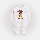 My First Krishna Janmashtami Cute Bal Krishna Print Fullbody suit - WHITE - New Born (Chest 7.5")