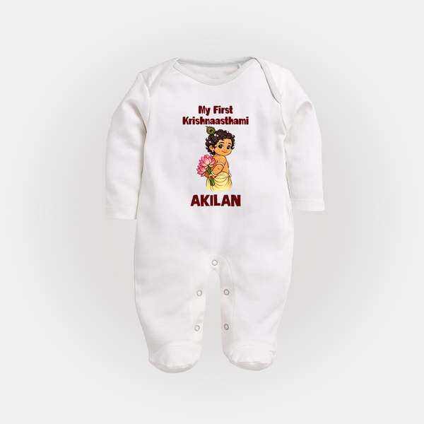 My First Krishna Janmashtami Cute Bal Krishna Print Fullbody suit - WHITE - New Born (Chest 7.5")