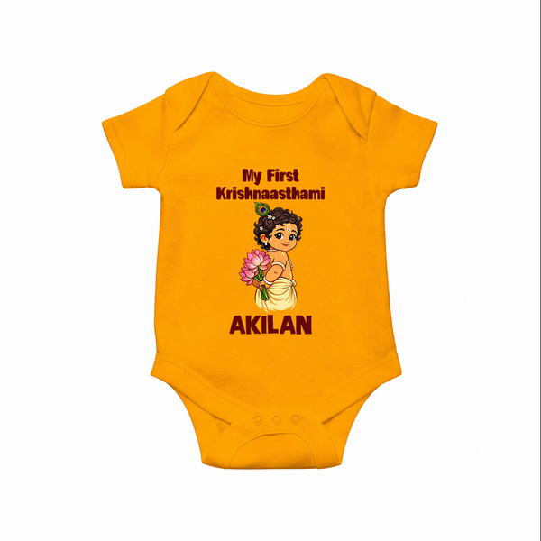 My First Krishna Janmashtami Cute Bal Krishna Print Romper - CHROME YELLOW - New Born (Chest 14")