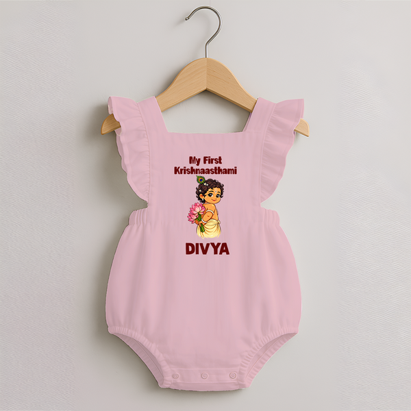 My First Krishna Janmashtami Cute Bal Krishna Print Romper Frock - BABY PINK - 0 - 3 Months Old (Chest 19")