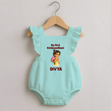 My First Krishna Janmashtami Cute Bal Krishna Print Romper Frock - MINT GREEN - 0 - 3 Months Old (Chest 19")
