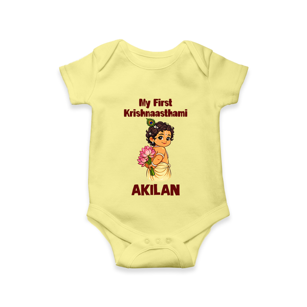 My First Krishna Janmashtami Cute Bal Krishna Print Romper - PASTEL YELLOW - New Born (Chest 14")