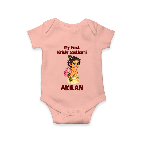My First Krishna Janmashtami Cute Bal Krishna Print Romper - PEACH - New Born (Chest 14")
