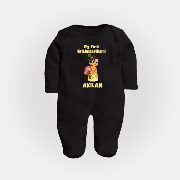My First Krishna Janmashtami Cute Bal Krishna Print Fullbody suit - BLACK - New Born (Chest 7.5")