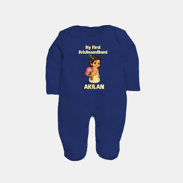 My First Krishna Janmashtami Cute Bal Krishna Print Fullbody suit - NAVY BLUE - New Born (Chest 7.5")