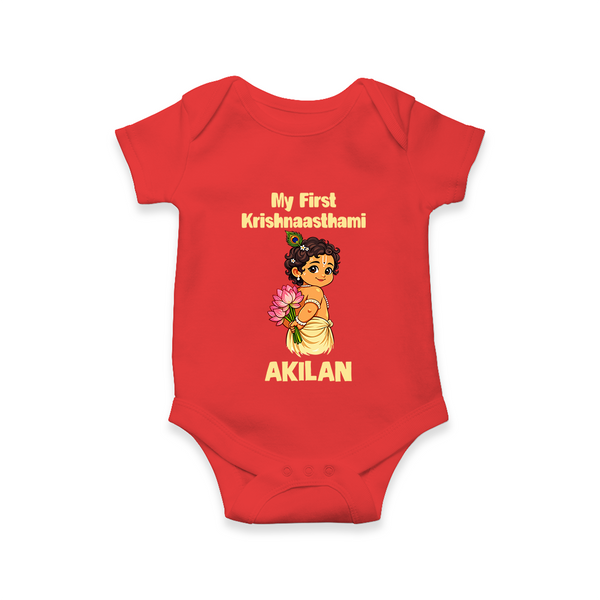 My First Krishna Janmashtami Cute Bal Krishna Print Romper - RED - New Born (Chest 14")