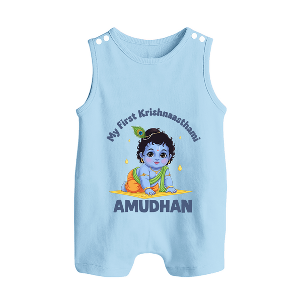 My First Krishna Janmashtami Little Kanha Print Button Romper - BABY BLUE - New Born (Chest 18")