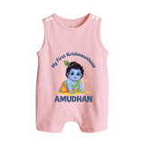My First Krishna Janmashtami Little Kanha Print Button Romper - BABY PINK - New Born (Chest 18")