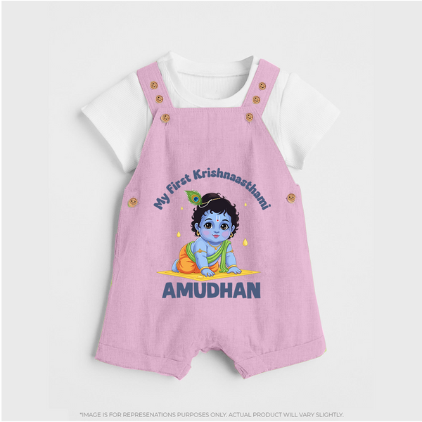 My First Krishna Janmashtami Little Kanha Print Dungaree - BABY PINK - 0 - 5 Months Old (Chest 18")
