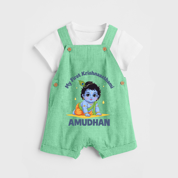 My First Krishna Janmashtami Little Kanha Print Dungaree - GREEN - 0 - 5 Months Old (Chest 18")