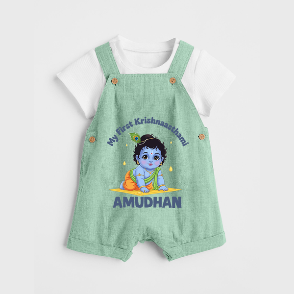 My First Krishna Janmashtami Little Kanha Print Dungaree - MINT GREEN - 0 - 5 Months Old (Chest 18")