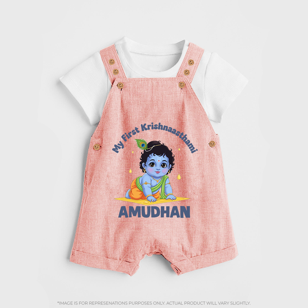 My First Krishna Janmashtami Little Kanha Print Dungaree - PEACH - 0 - 5 Months Old (Chest 18")