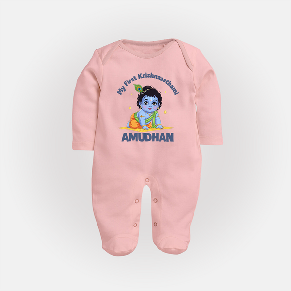 My First Krishna Janmashtami Little Kanha Print Fullbody suit - BABY PINK - New Born (Chest 7.5")