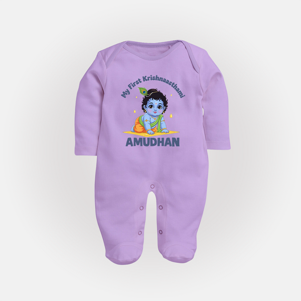 My First Krishna Janmashtami Little Kanha Print Fullbody suit - LILAC - New Born (Chest 7.5")