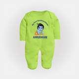 My First Krishna Janmashtami Little Kanha Print Fullbody suit - LIME GREEN - New Born (Chest 7.5")