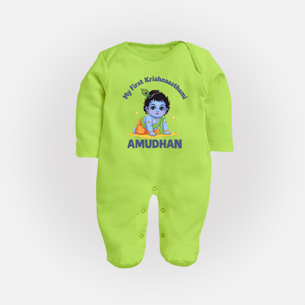 My First Krishna Janmashtami Little Kanha Print Fullbody suit - LIME GREEN - New Born (Chest 7.5")