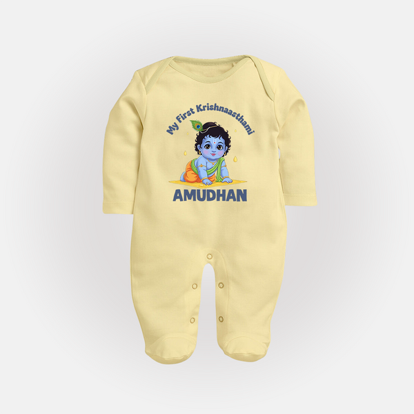 My First Krishna Janmashtami Little Kanha Print Fullbody suit - PASTEL YELLOW - New Born (Chest 7.5")