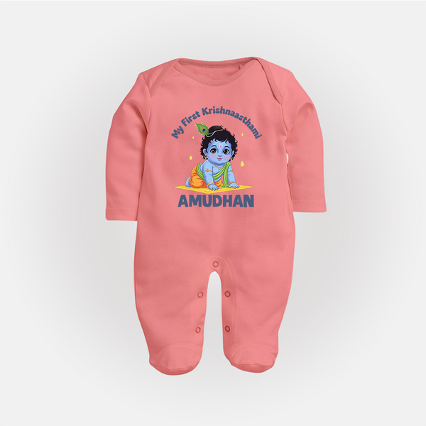 My First Krishna Janmashtami Little Kanha Print Fullbody suit - PEACH - New Born (Chest 7.5")