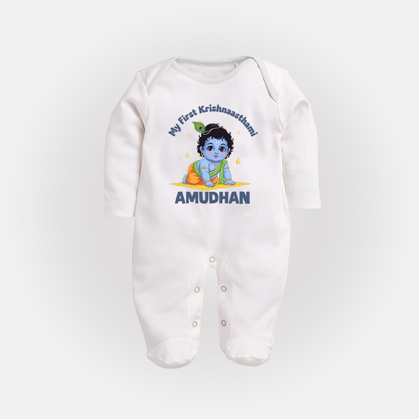 My First Krishna Janmashtami Little Kanha Print Fullbody suit - WHITE - New Born (Chest 7.5")
