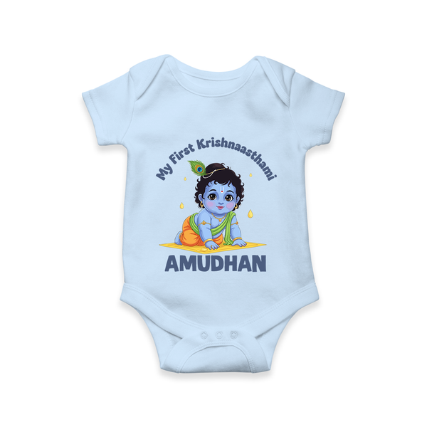 My First Krishna Janmashtami Little Kanha Print Romper - BABY BLUE - New Born (Chest 14")