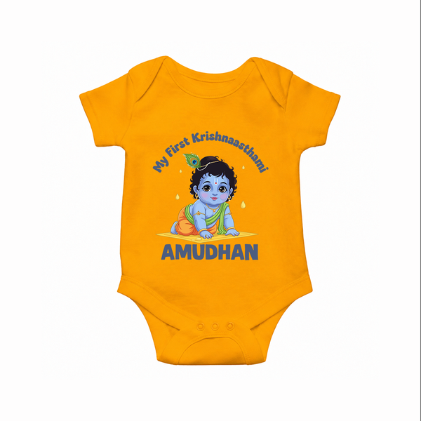 My First Krishna Janmashtami Little Kanha Print Romper - CHROME YELLOW - New Born (Chest 14")