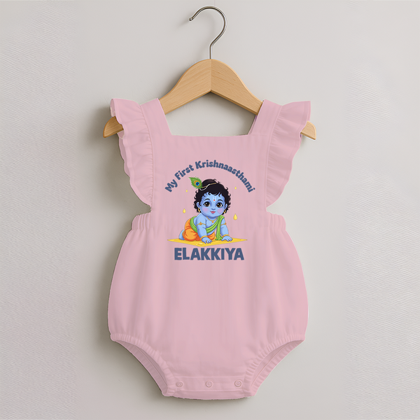 My First Krishna Janmashtami Little Kanha Print Romper Frock - BABY PINK - 0 - 3 Months Old (Chest 19")