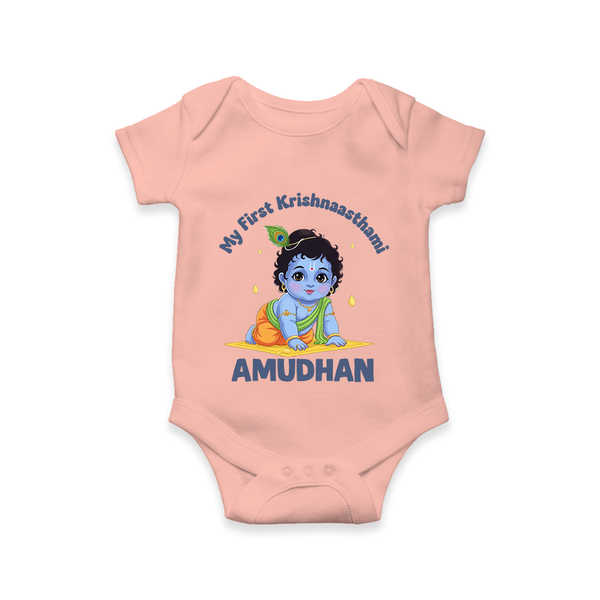 My First Krishna Janmashtami Little Kanha Print Romper - PEACH - New Born (Chest 14")