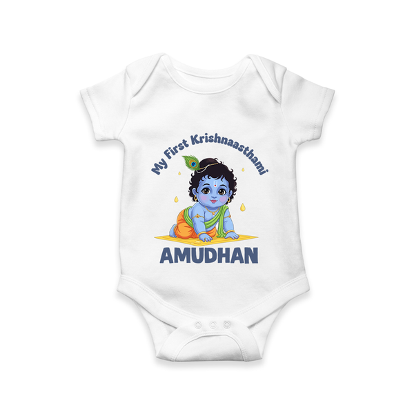 My First Krishna Janmashtami Little Kanha Print Romper - WHITE - New Born (Chest 14")