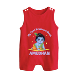 My First Krishna Janmashtami Little Kanha Print Button Romper - RED - New Born (Chest 18")