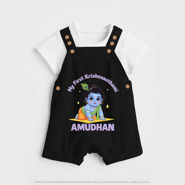 My First Krishna Janmashtami Little Kanha Print Dungaree - BLACK - 0 - 5 Months Old (Chest 18")