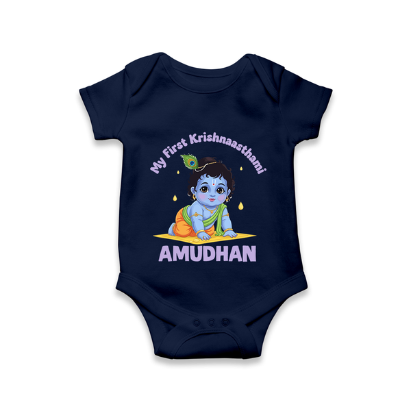 My First Krishna Janmashtami Little Kanha Print Romper - NAVY BLUE - New Born (Chest 14")