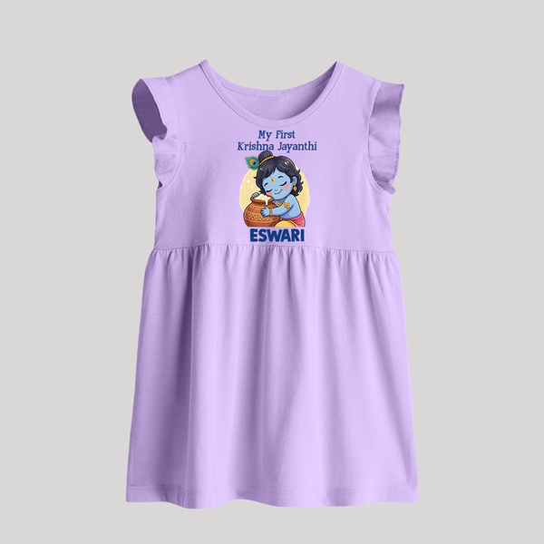 My First Krishna Janmashtami Sweet Krishna Celebration Print Baby Frock - LILAC - 0 - 3 Months Old (Chest 17")