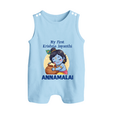 My First Krishna Janmashtami Sweet Krishna Celebration Print Button Romper - BABY BLUE - New Born (Chest 18")