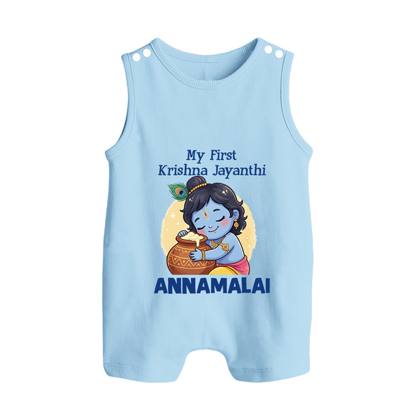 My First Krishna Janmashtami Sweet Krishna Celebration Print Button Romper - BABY BLUE - New Born (Chest 18")
