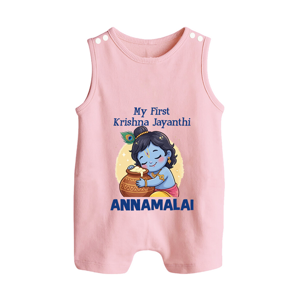 My First Krishna Janmashtami Sweet Krishna Celebration Print Button Romper - BABY PINK - New Born (Chest 18")