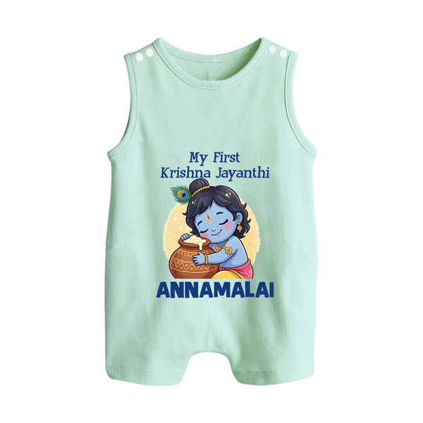 My First Krishna Janmashtami Sweet Krishna Celebration Print Button Romper - MINT GREEN - New Born (Chest 18")