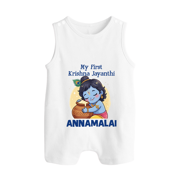 My First Krishna Janmashtami Sweet Krishna Celebration Print Button Romper - WHITE - New Born (Chest 18")