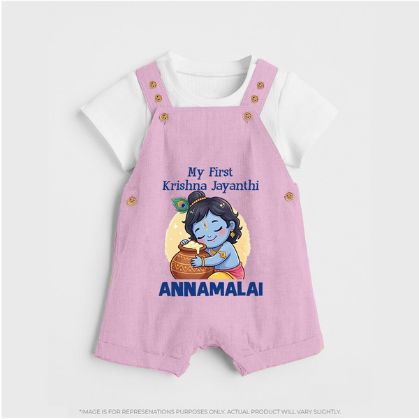 My First Krishna Janmashtami Sweet Krishna Celebration Print Dungaree - BABY PINK - 0 - 5 Months Old (Chest 18")